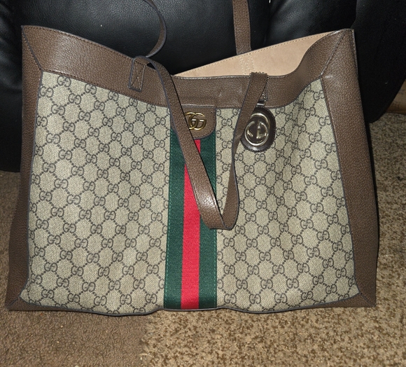 Gucci Handbags - Gucci Beige and Brown Monogram Tote with Red and Green Stripe Comes With Matchin
